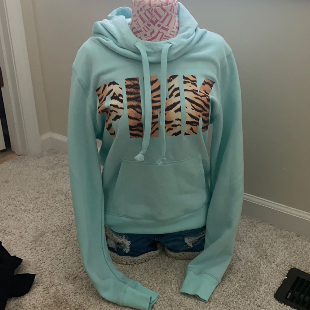PINK mint tiger print cowl neck hoodie